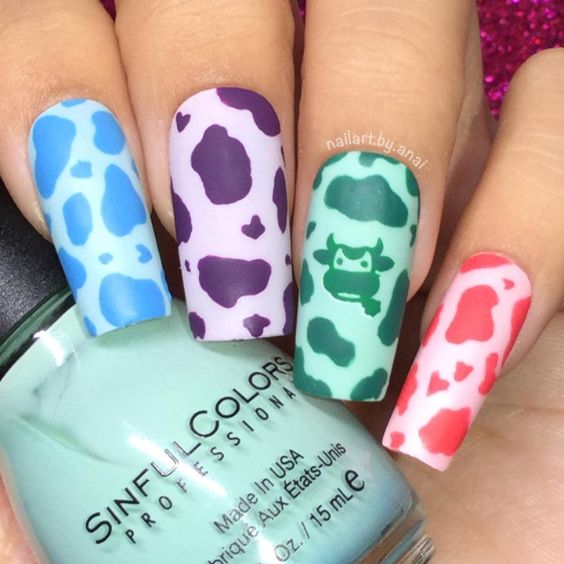 Vivid Matte Cow Print Nails