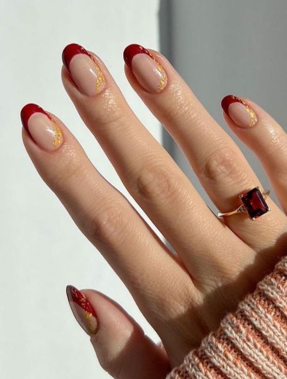 Wine French Mani with Gold Accents