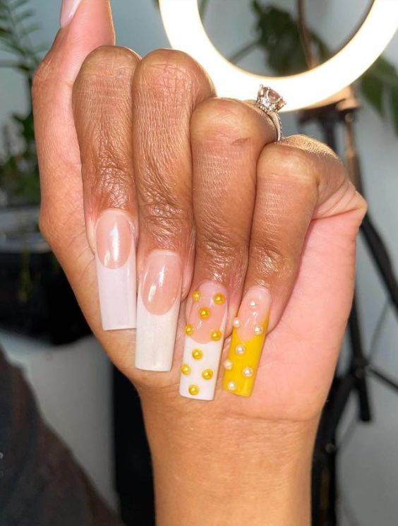 Yellow Nails With Pearls