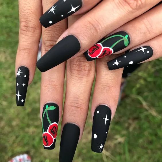 Cherry Bomb Black Matte Nails