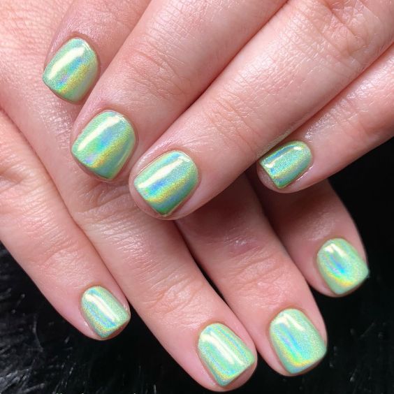 Green Holographic Squoval Nails