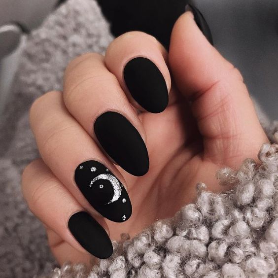 Lunar Glow On Black Matte Nails