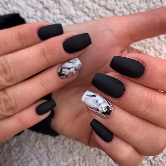 Marble Accent Matte Black Nails