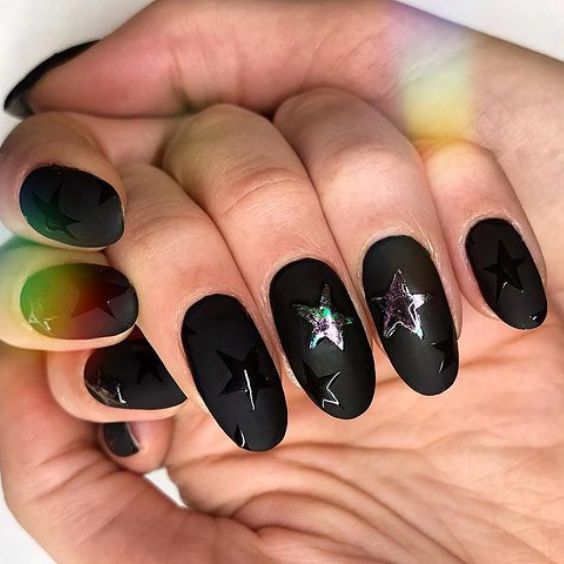 Metallic Stars On Matte Black Nails