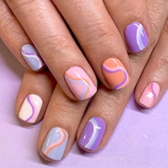 Pastel Squiggle Squoval Nails