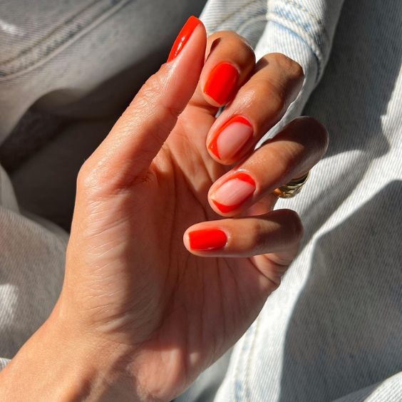 Red Abstract French Squoval Nails