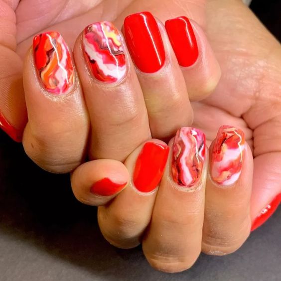 Red Marble Squoval Nails