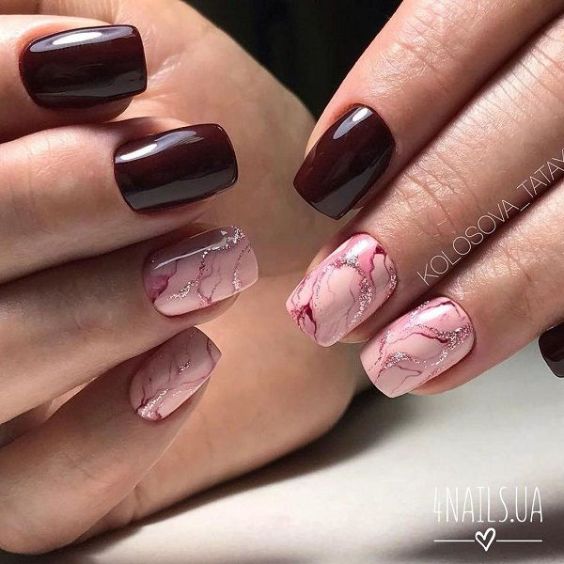 Burgundy Manicure with Marble Design