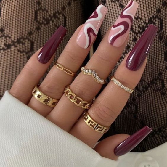 Burgundy Manicure with Swirly Design