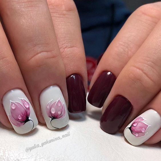 White and Burgundy Nails with Pink Flowers