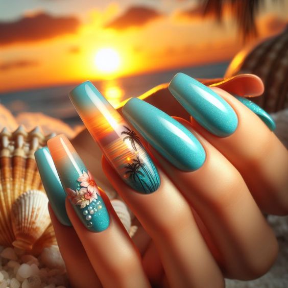 Aqua Blue Nails With Tropical Sunset