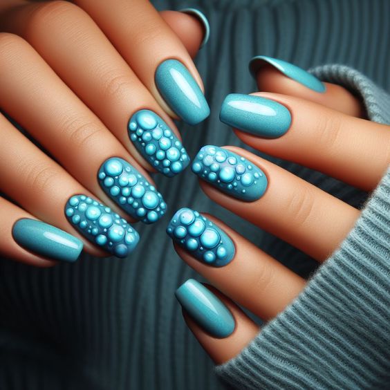 Aqua Blue Nails with Bubble Effect