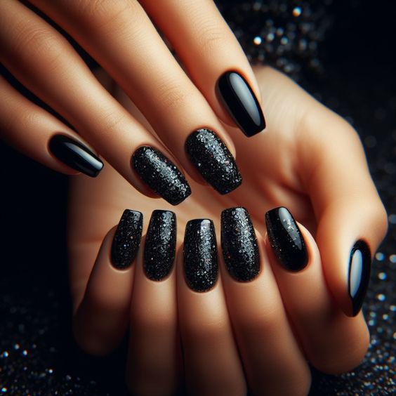 Black Nude Glitter Nails