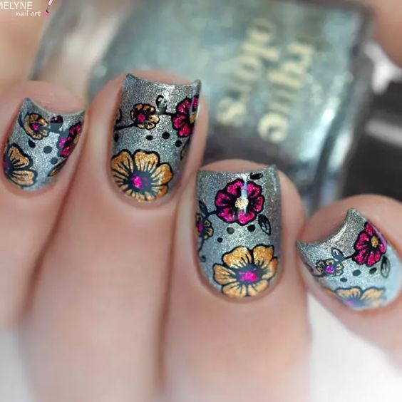 Floral Pink and Gold Nails