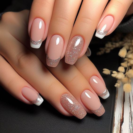 Nude Nails With French Tips Glitter