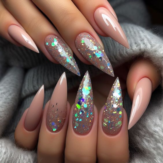 Nude Nails with Chunky Glitter