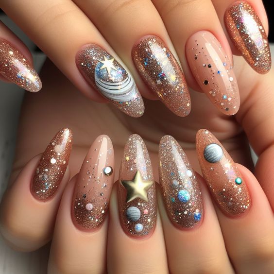 Nude Nails with Glitter Galaxy