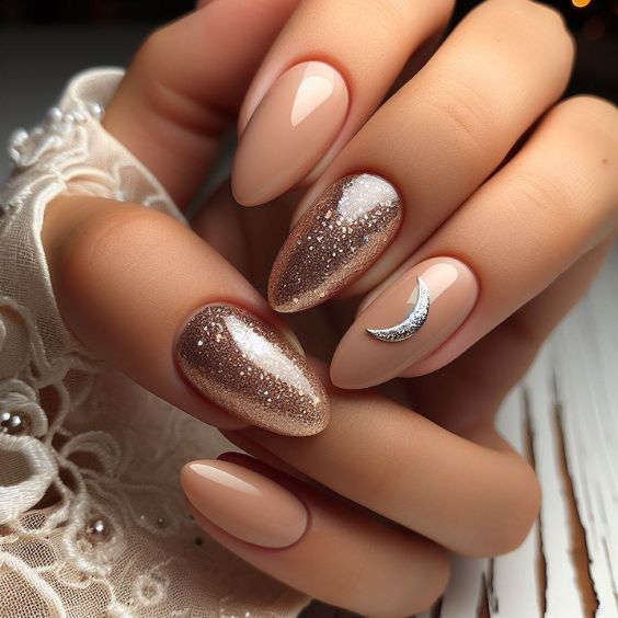 Nude Nails with Half-Moon Glitter