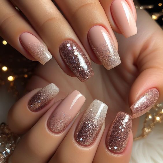 Nude Nails with Ombre Glitter