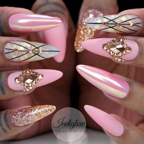 Pink Gold Geometric Nails