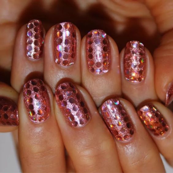 Pink Nails with Gold Polka Dots