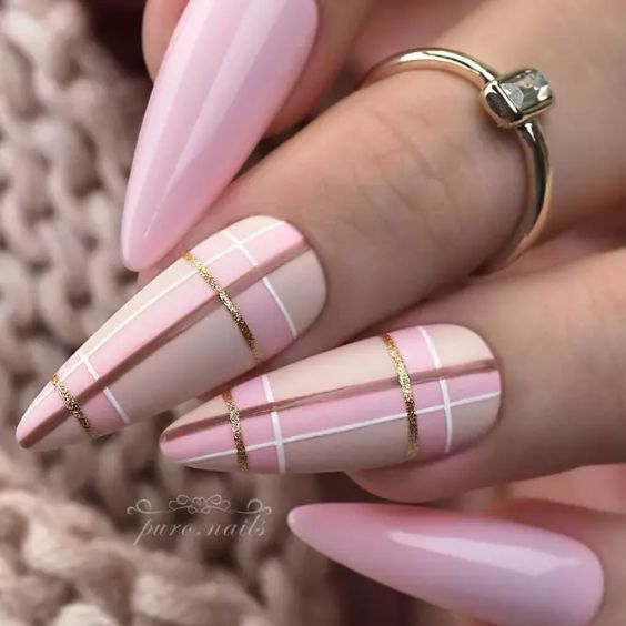 Pink Nails with Gold Stripes