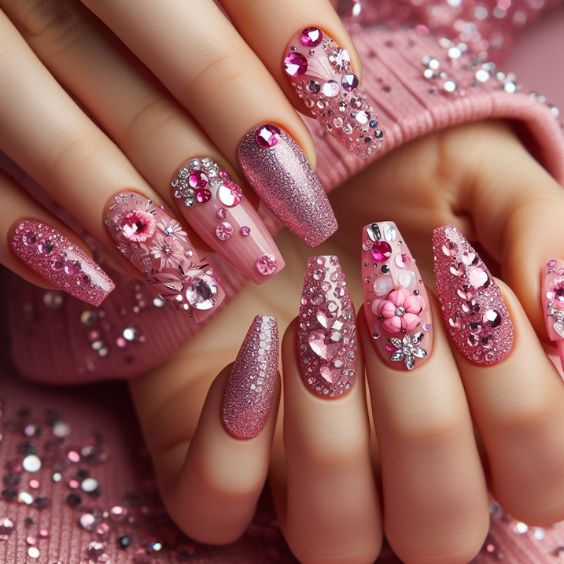 Pink Rhinestone Nails