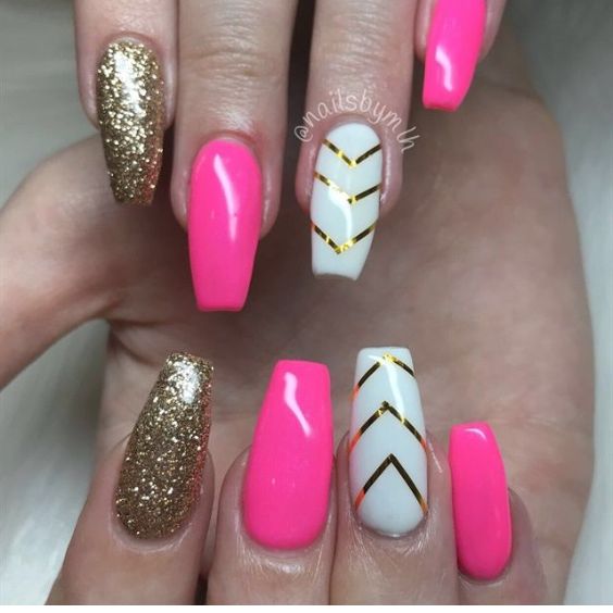 Pink and Gold Chevron Nails