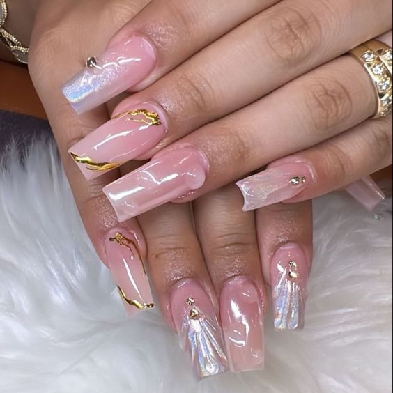 Pink and Gold Marble Nails