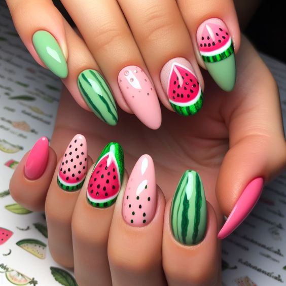 Pink and Green Watermelon Nails