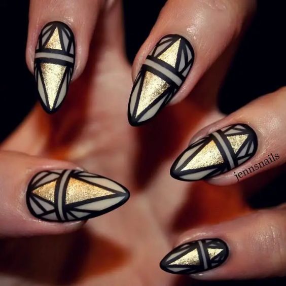 Black And Gold Triangle Nails