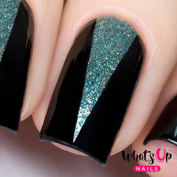 Black Triangle Glitter Nails