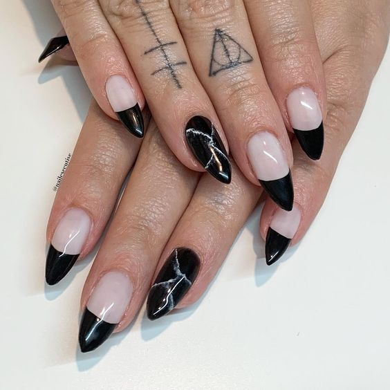 Black Triangle Marble Nails