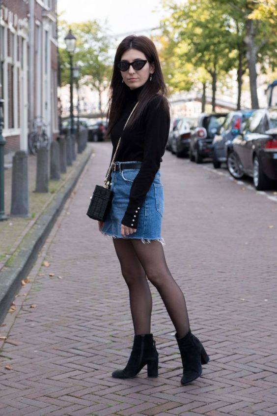 Denim Skirt And Turtleneck