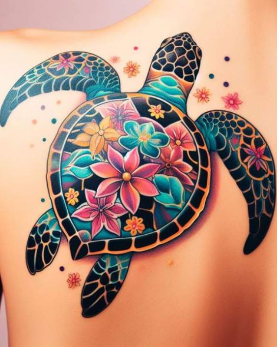 Floral Sea Turtle Tattoo