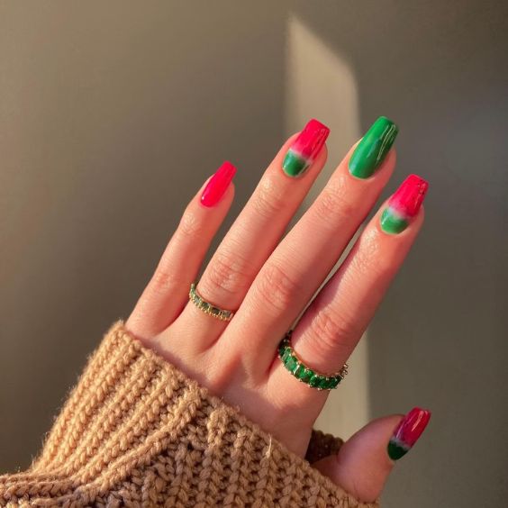 Red and Green Tie Dye Nails