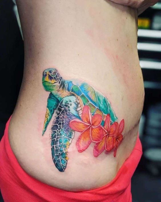 Sea Turtle and Ocean Elements Tattoo