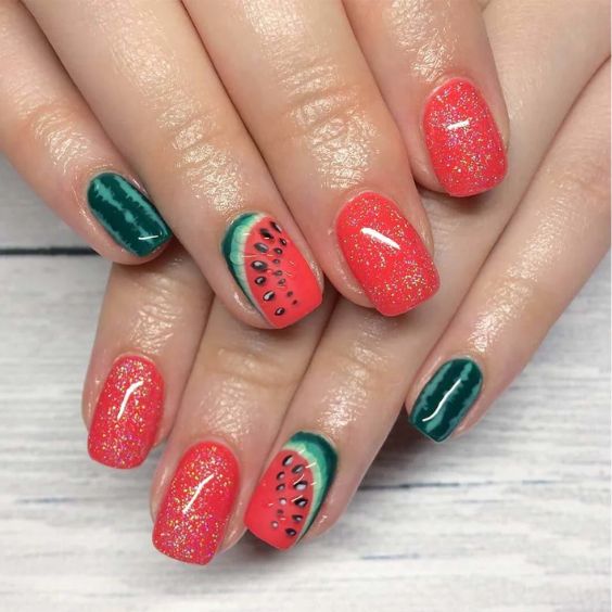 Watermelon Glitter Nails