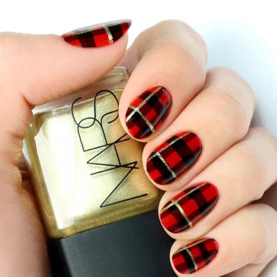 Cherry Red Plaid Nails