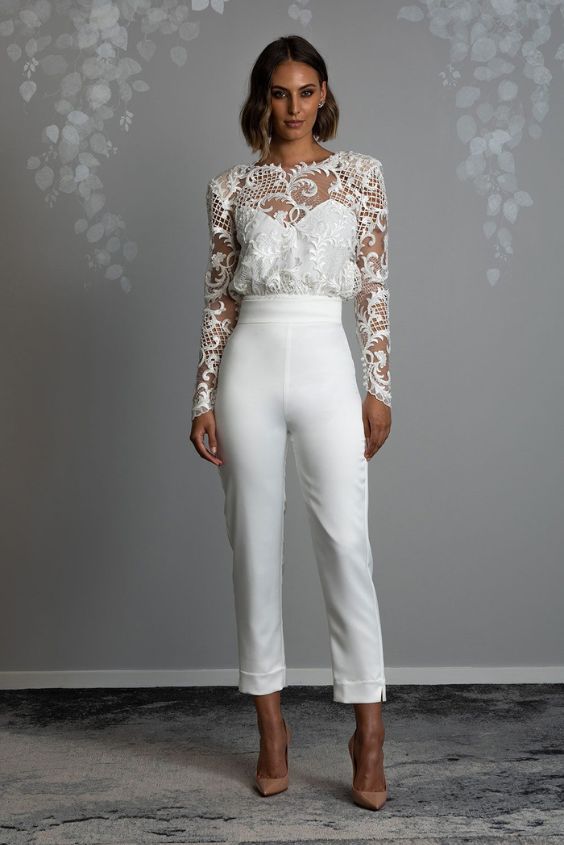 Lace Top with Tailored Trousers