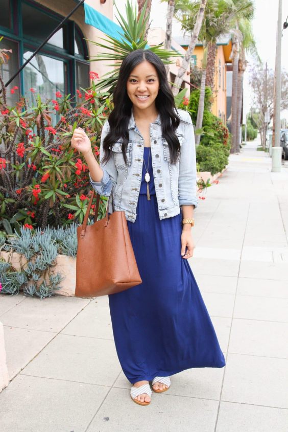 Maxi Dress with Sandals and Denim Jacket