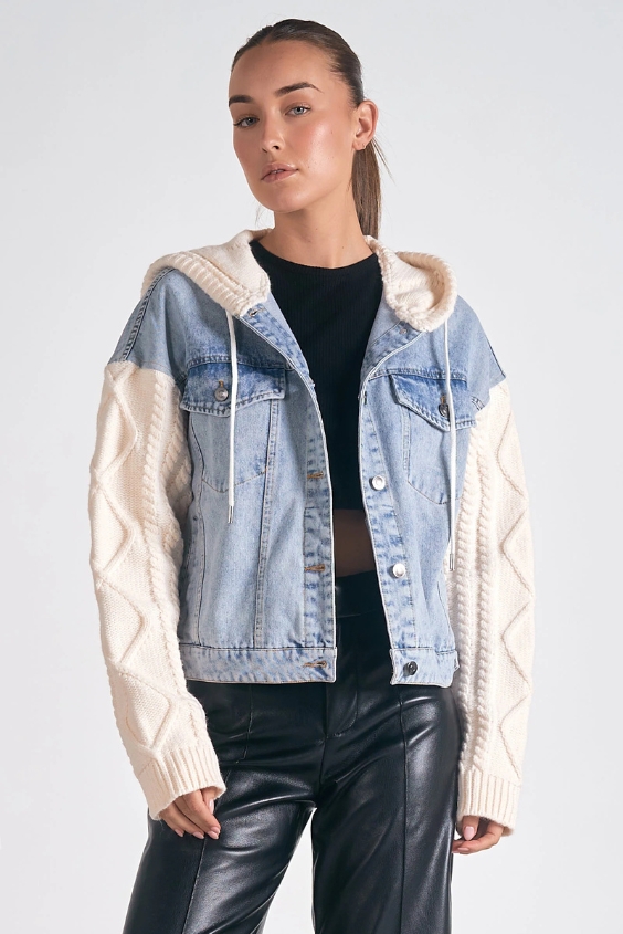 Denim Jacket with Cable-Knit Sweater 