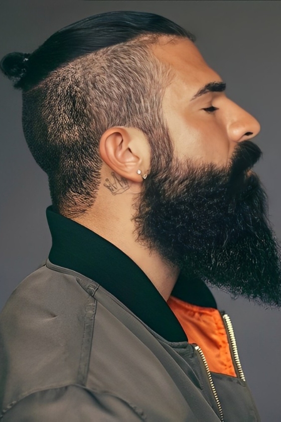 Faded Top Knot and Thick Beard