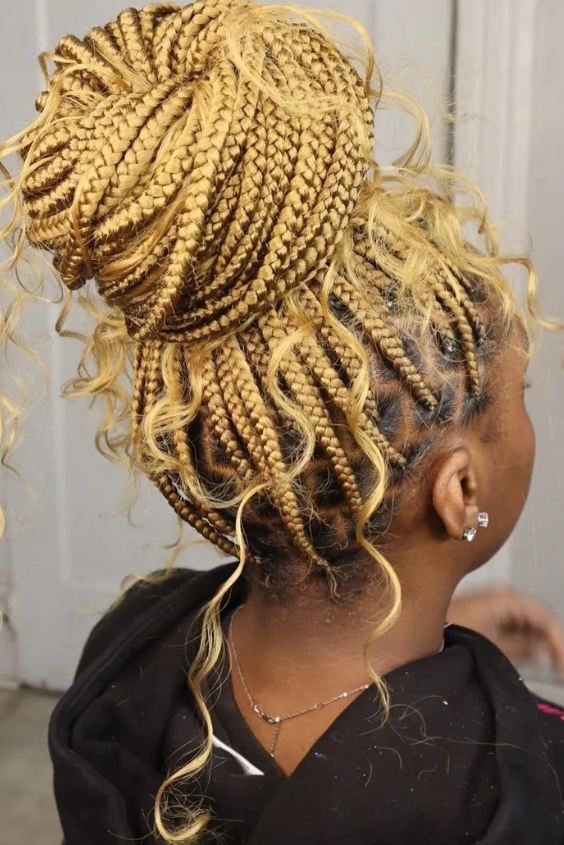 Golden Brown Knotless Braids with Bun