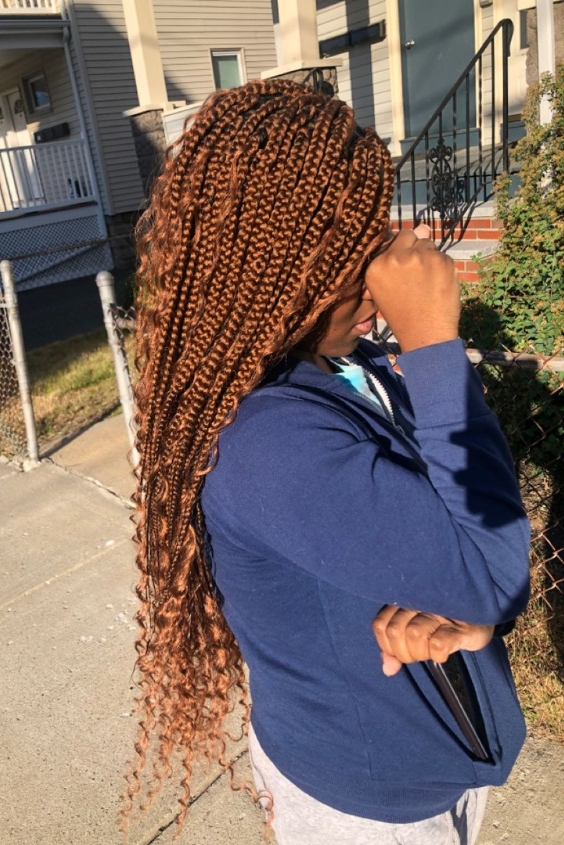 Honey Brown Knotless Braids with Curls