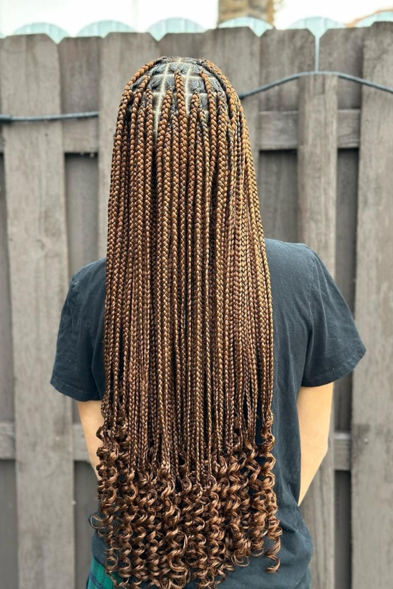 Honey Brown Knotless Braids with Curly Tips