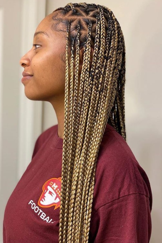 Honey Brown Knotless Braids with Zig-Zag Part