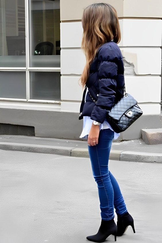 Black Puffer Jacket with Distressed Skinny Jeans