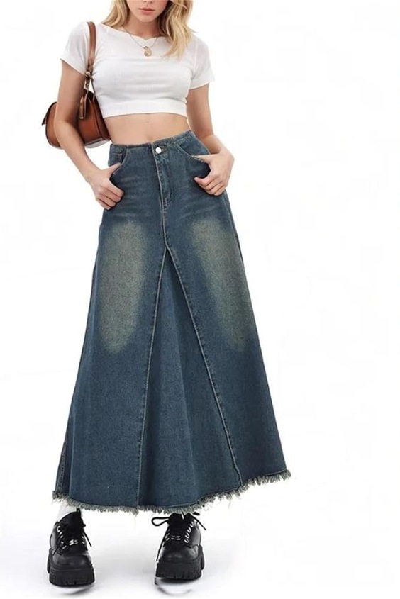 Feminine A-Line Skirt with Wide-Leg Jeans