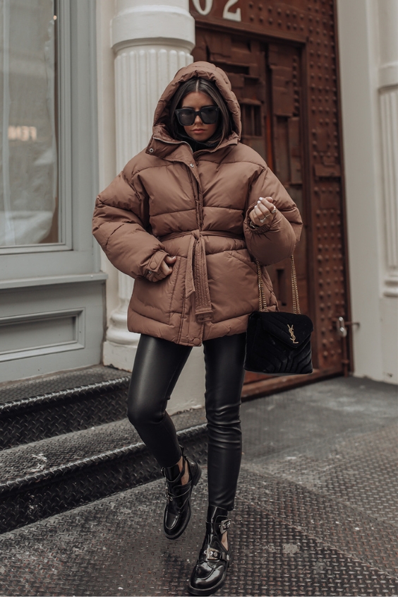 Oversized Puffer Jacket with Faux Leather Leggings